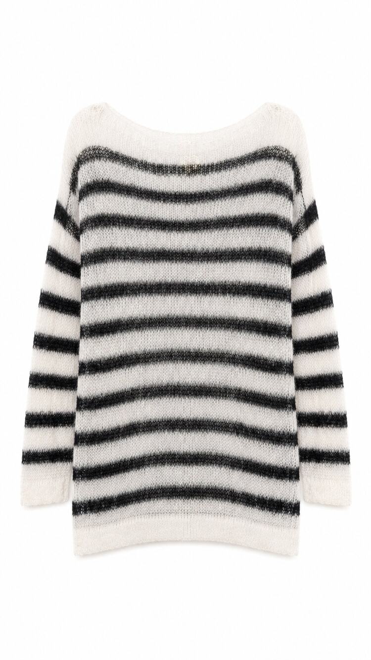 Maeve Anthropologie Black and White Striped Open Knit Wool Blend Sweater, Size S
